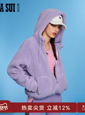 ANNA SUI安娜苏运动  经典安娜系列 紫色仿羊羔毛保暖外套连帽女