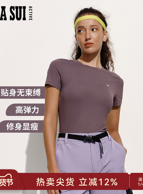 ANNA SUI安娜苏运动 灰色蝴蝶logo莱卡高弹力短袖休闲运动T恤女