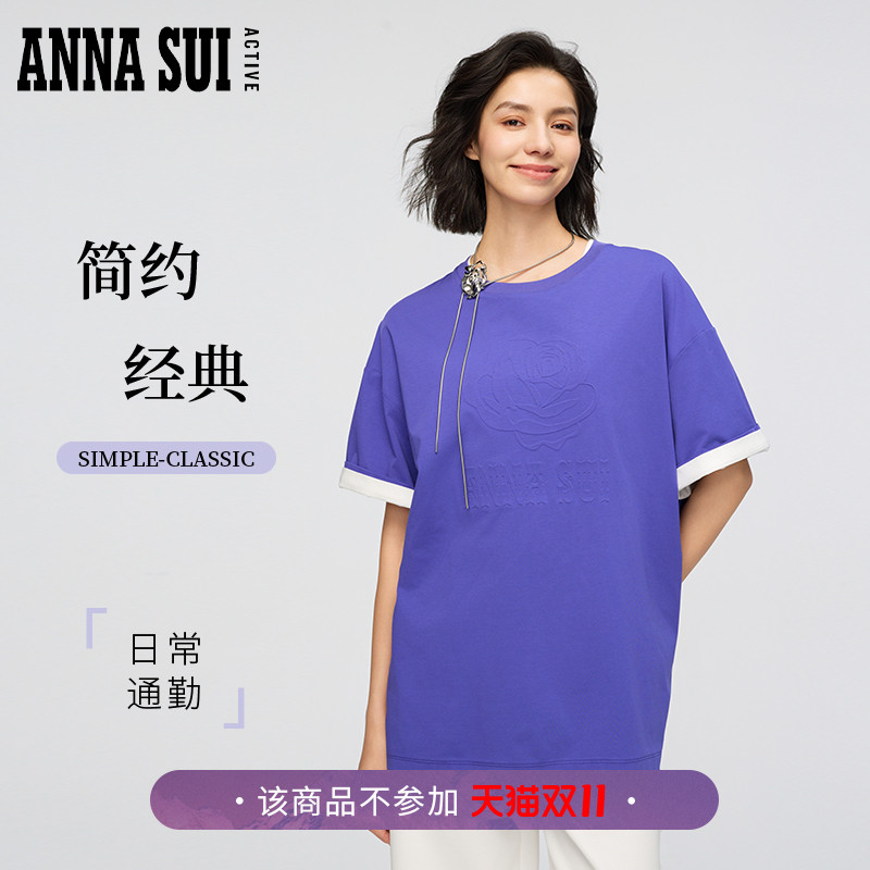 ANNA SUI安娜苏运动 明星同款玫瑰logo宽松圆领短袖T恤男女同款