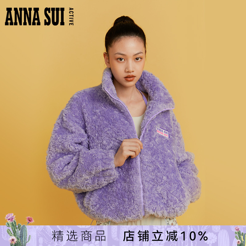 安娜苏经典紫色羊羔短款外套