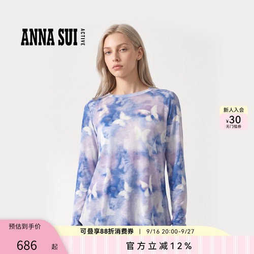 安娜苏垂柳运动长袖女秋冬新品高弹力修身蝴蝶针织T恤 ANNA SUI