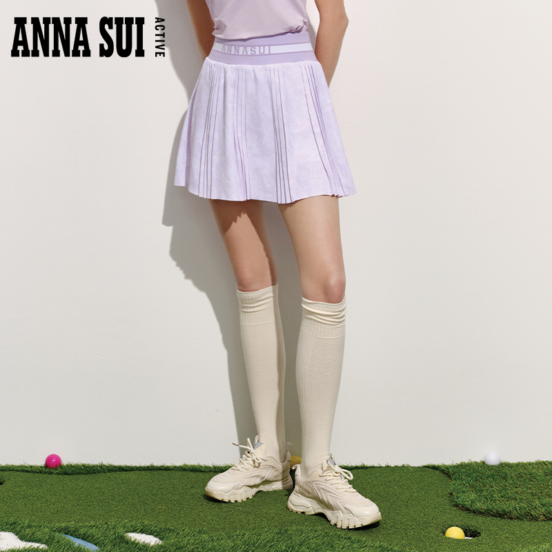 ANNA SUI安娜苏运动 俱乐部系列拼接A字高尔夫高腰百褶裙半身短裙