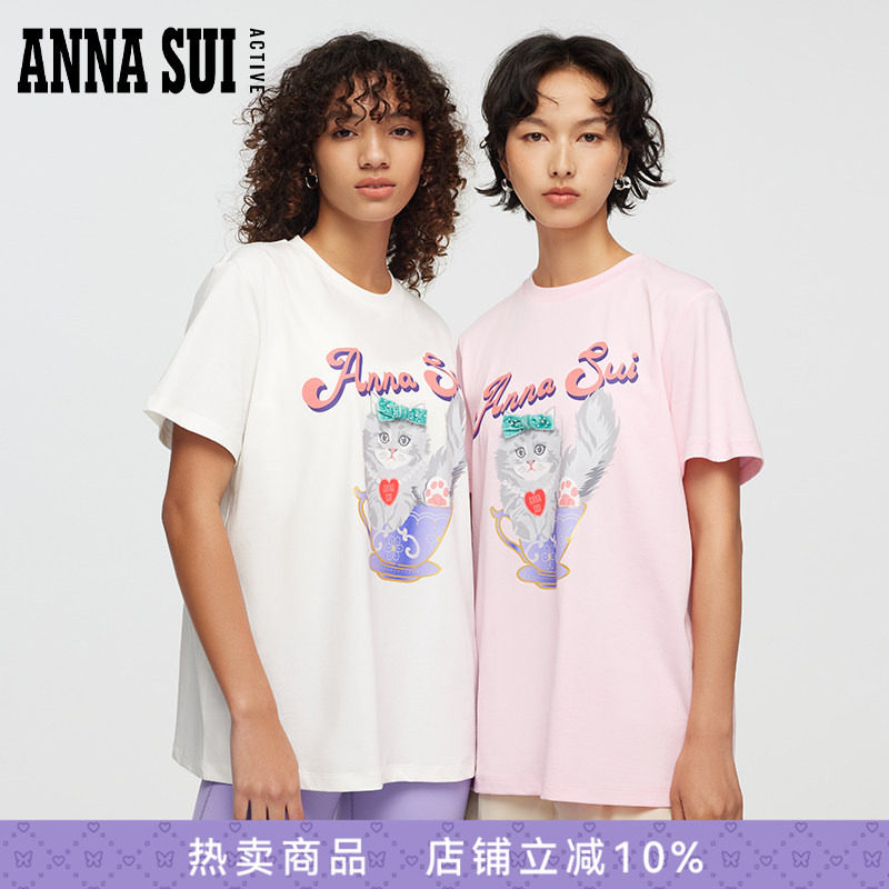 ANNASUI安娜苏运动茶杯猫印花丝绒蝴蝶结短袖宽松休闲T恤女夏