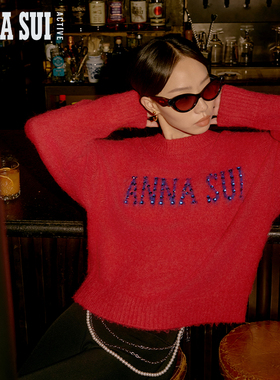 ANNA SUI安娜苏运动 圣诞红色亮钻LOGO圆领绒感羊毛混纺针织毛衣