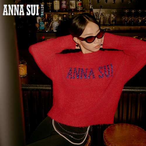 安娜苏混纺羊驼毛长袖圆领毛衣