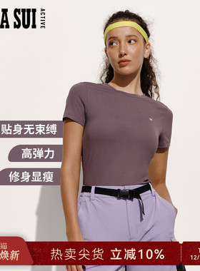 ANNA SUI安娜苏运动 灰色蝴蝶logo莱卡高弹力短袖休闲运动T恤女