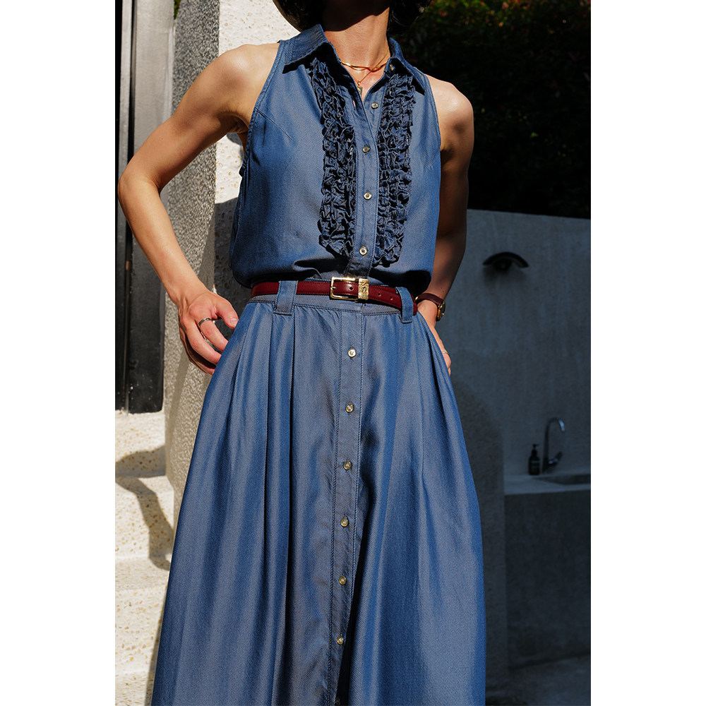 三所vintage bourgeoisie 莱赛尔蓝 木耳边衬衫/精致多扣伞裙