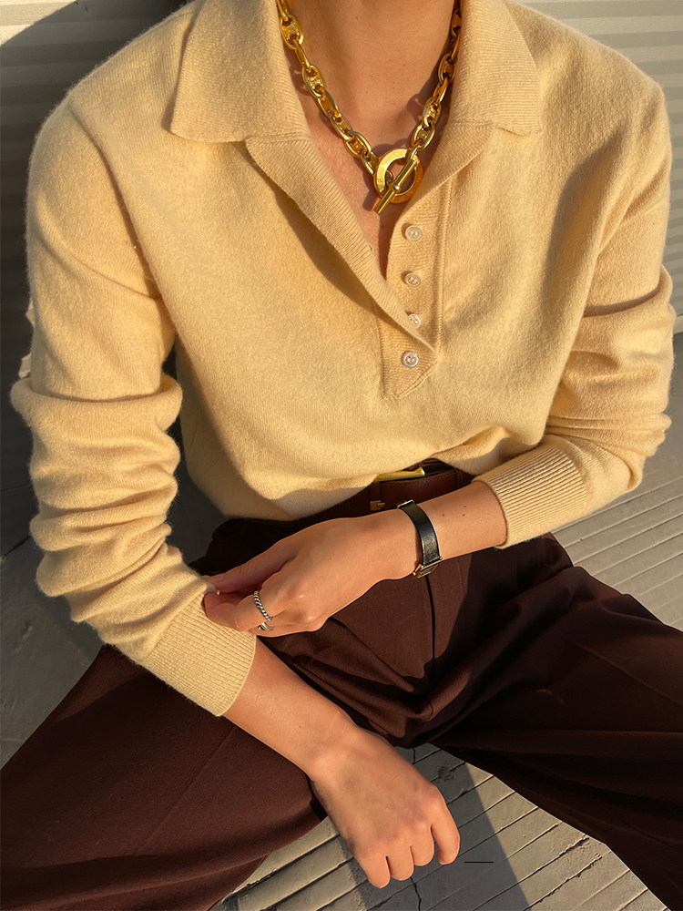 THREE VINTAGE LAPELS ALL-WOOL POLO KNIT WOMENS UNDERWEAR LAYERED MINIMALIST SWEATER BASE LAYER