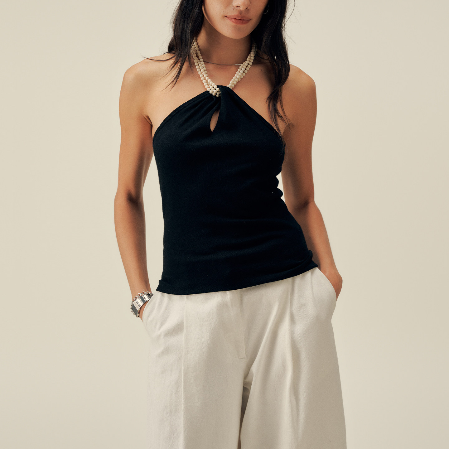 三所vintage  100%羊毛 挂脖天然石项链直角肩针织柔软TANK背心