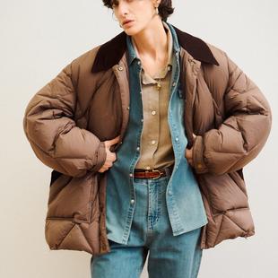 三所vintage 口收口羽绒服 巴恩风绗缝灯芯绒拼接定制古铜扣宽松袖