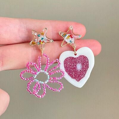 Vintage古着 Dopamine rose red love flower耳饰