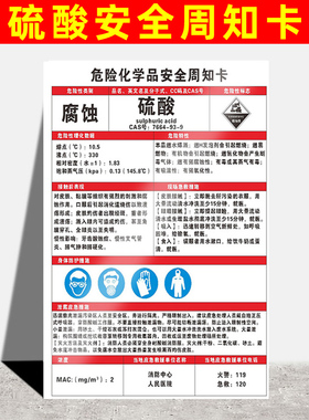 硫酸危化学安全周知卡危化品标识标签贴危险化学品安全周知卡MSDS仓库警示牌告示牌标志技术说明书安全风险点