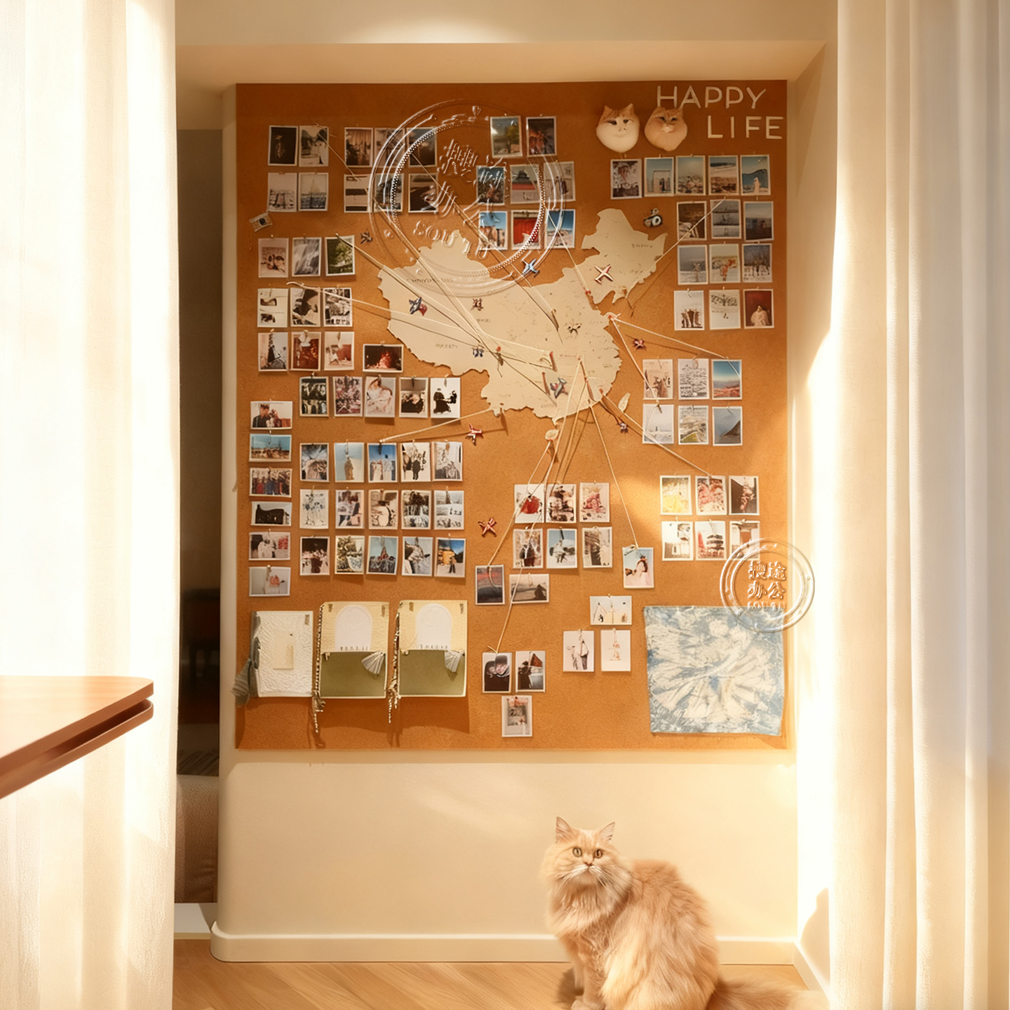 毛毡板旅行中国地图照片墙足迹打卡创意背景板免打孔玄关高级感客厅DIY装饰板照片展示墙图钉板家庭情侣合照