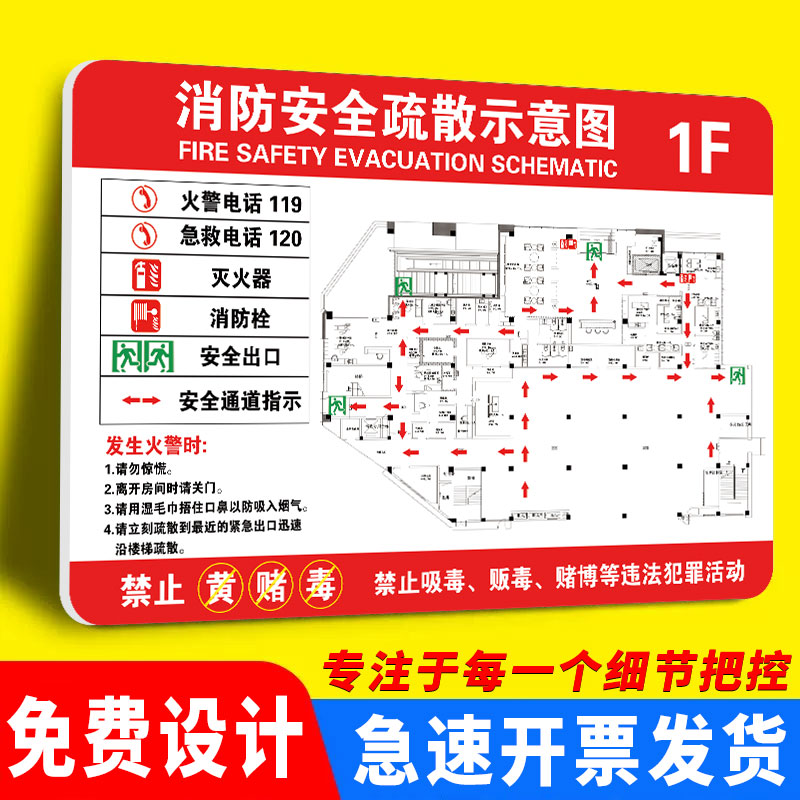 消防疏散示意图设计定制消防逃生示意图安全逃生疏散指示牌平面图消费酒店楼层客房火灾出口指南指引牌导向牌-封面