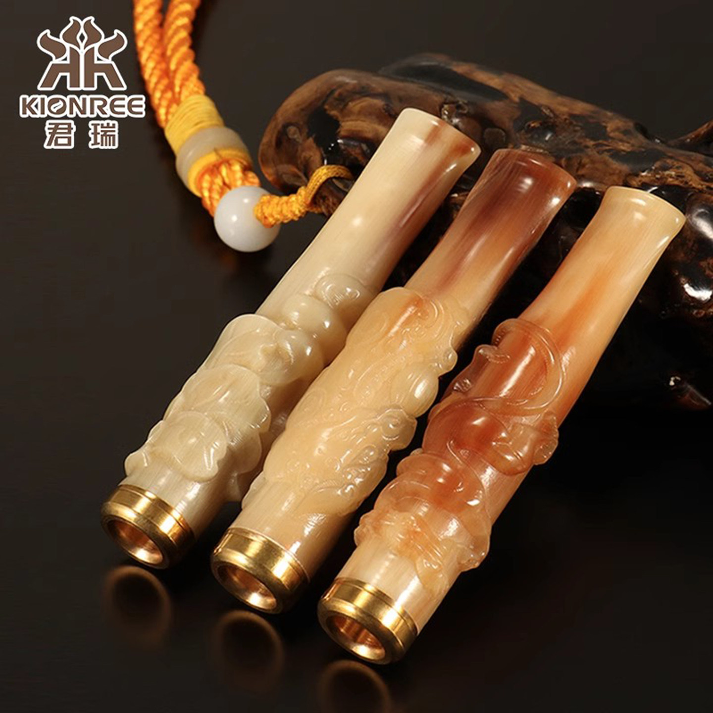君瑞传统蕴意耗牛角烟嘴手工精刻
