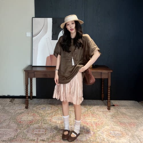 大码女装法式温柔不规则压褶半身裙女夏季胖mm显瘦巨遮肉A字短裙