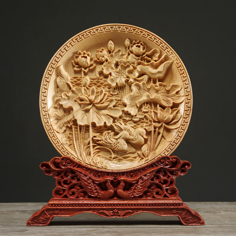 太行崖柏木雕鸳鸯戏水摆件客厅实木质圆雕荷花根雕圆盘雕刻工艺品