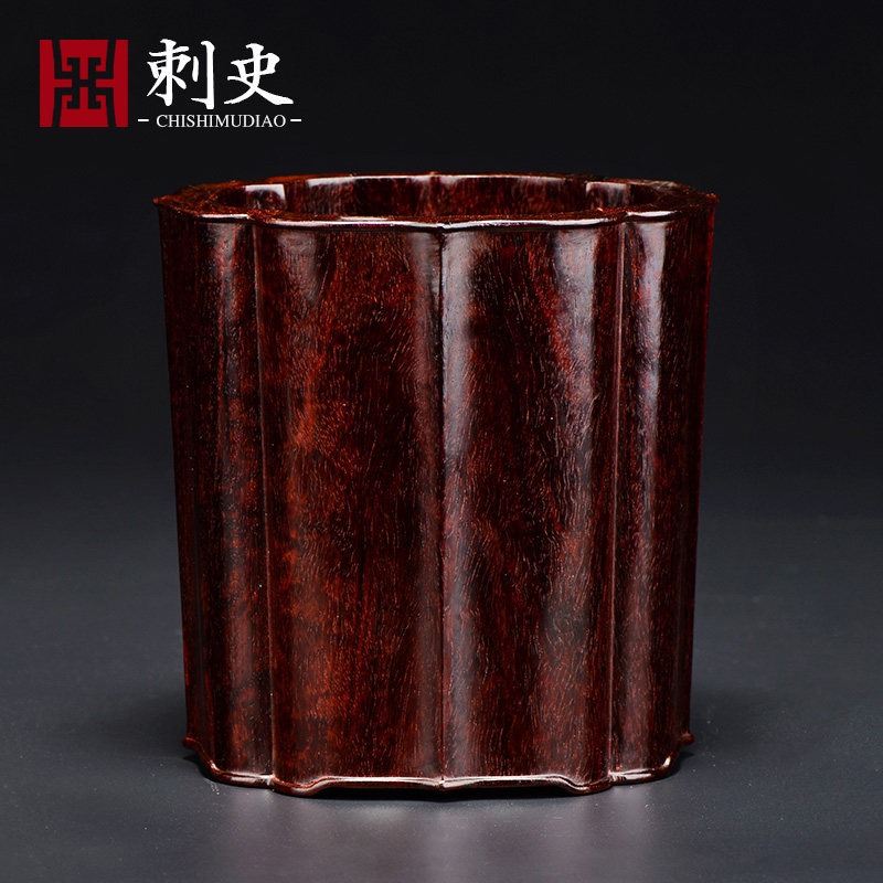 印度小叶紫檀葵花口笔筒办公室摆件收藏品中式文房四宝红木工艺品