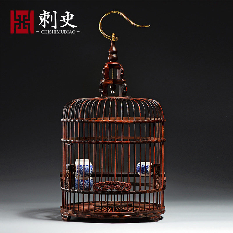 大红酸枝画眉鸟笼红木乌木八哥鹩哥活底全套手工雕刻镶嵌高档鸟笼