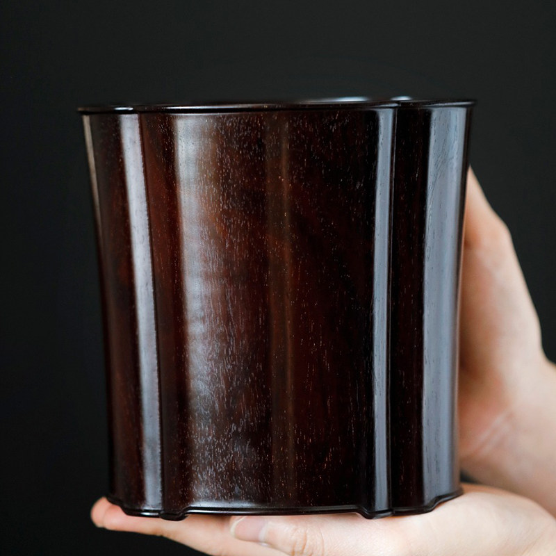 印度小叶紫檀木明式海棠口笔筒金星红木书房摆件文房四宝收藏礼物