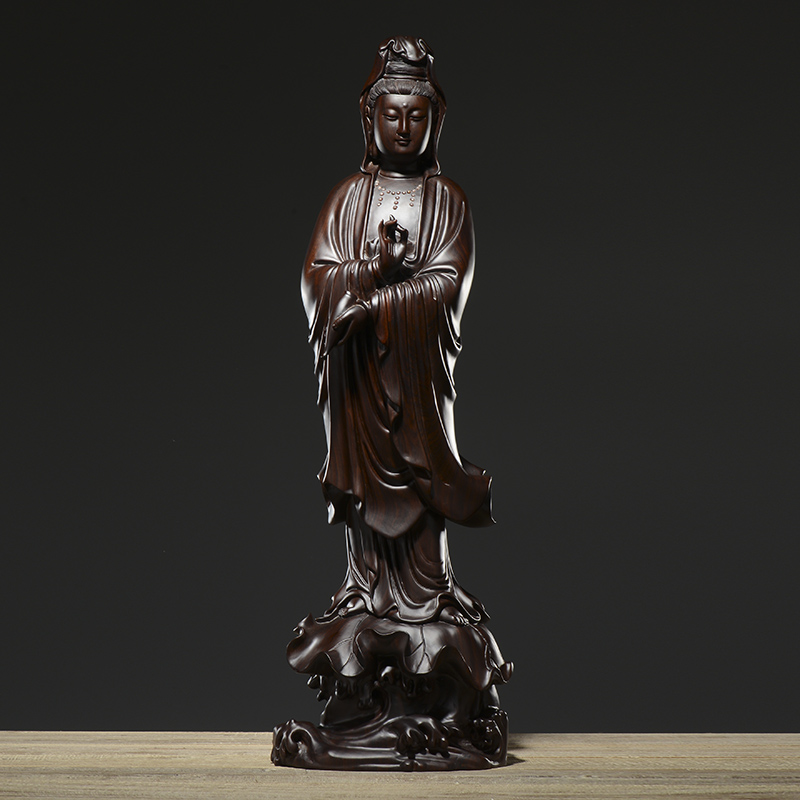 黑檀木雕滴水观音佛像实木质南海观世音菩萨客厅家用供奉雕刻摆件
