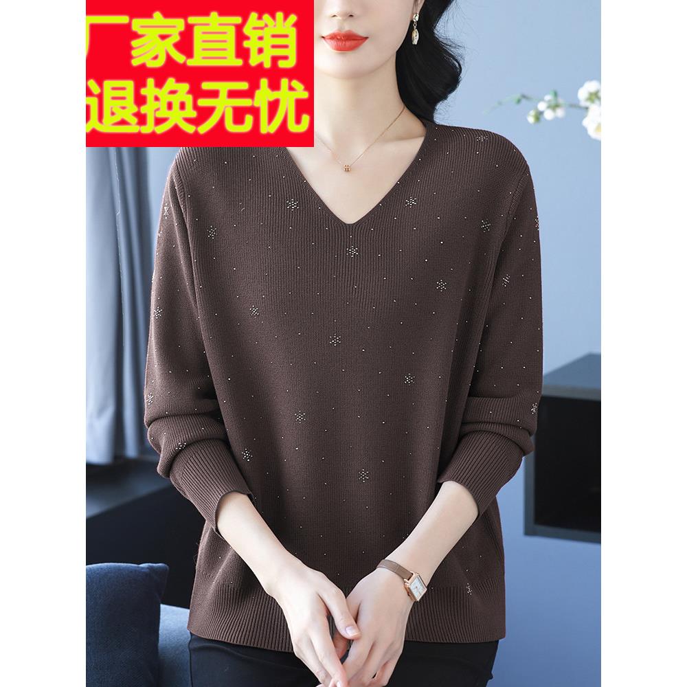 中年母亲的春天V领冰丝绸针织衫妇女宽松加脂肪大尺寸覆盖腹部苗