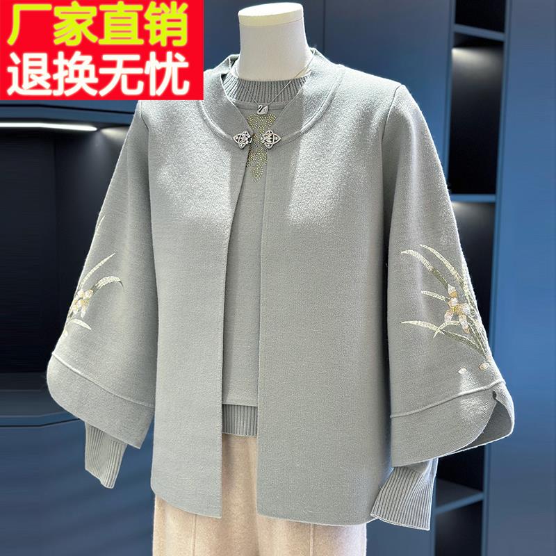 时尚中老年针织衫套装女开衫冬装新款奶奶上衣服大码妈妈装两件套