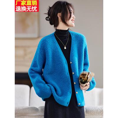 纯绵羊毛针织开衫女短款颗粒绒外套2025秋冬新款今年流行爆款上衣