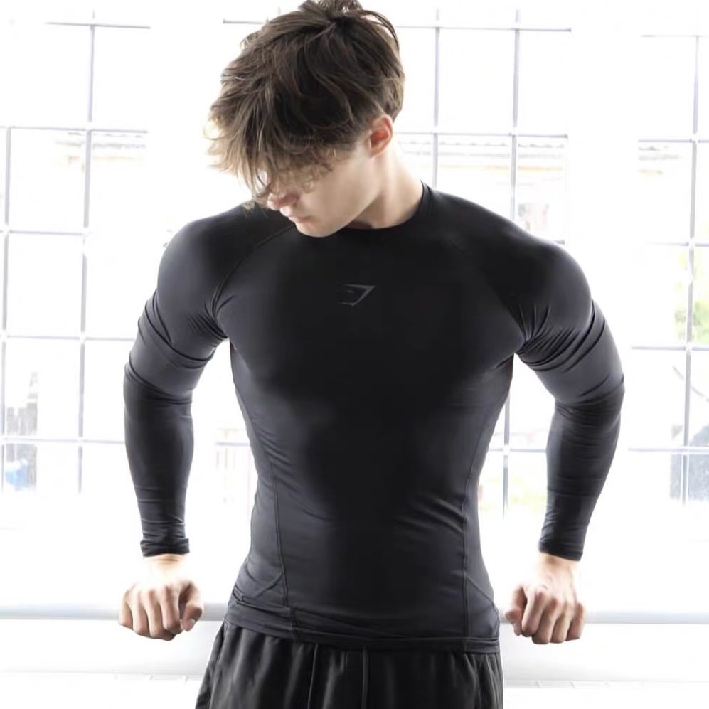 GYMSHARK ELEMENT显身材必入高弹速干男士运动健身紧身小标长袖N1