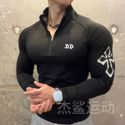暗黑风Breathedivinity男女运动健身亲肤速干半拉链立领长袖B16