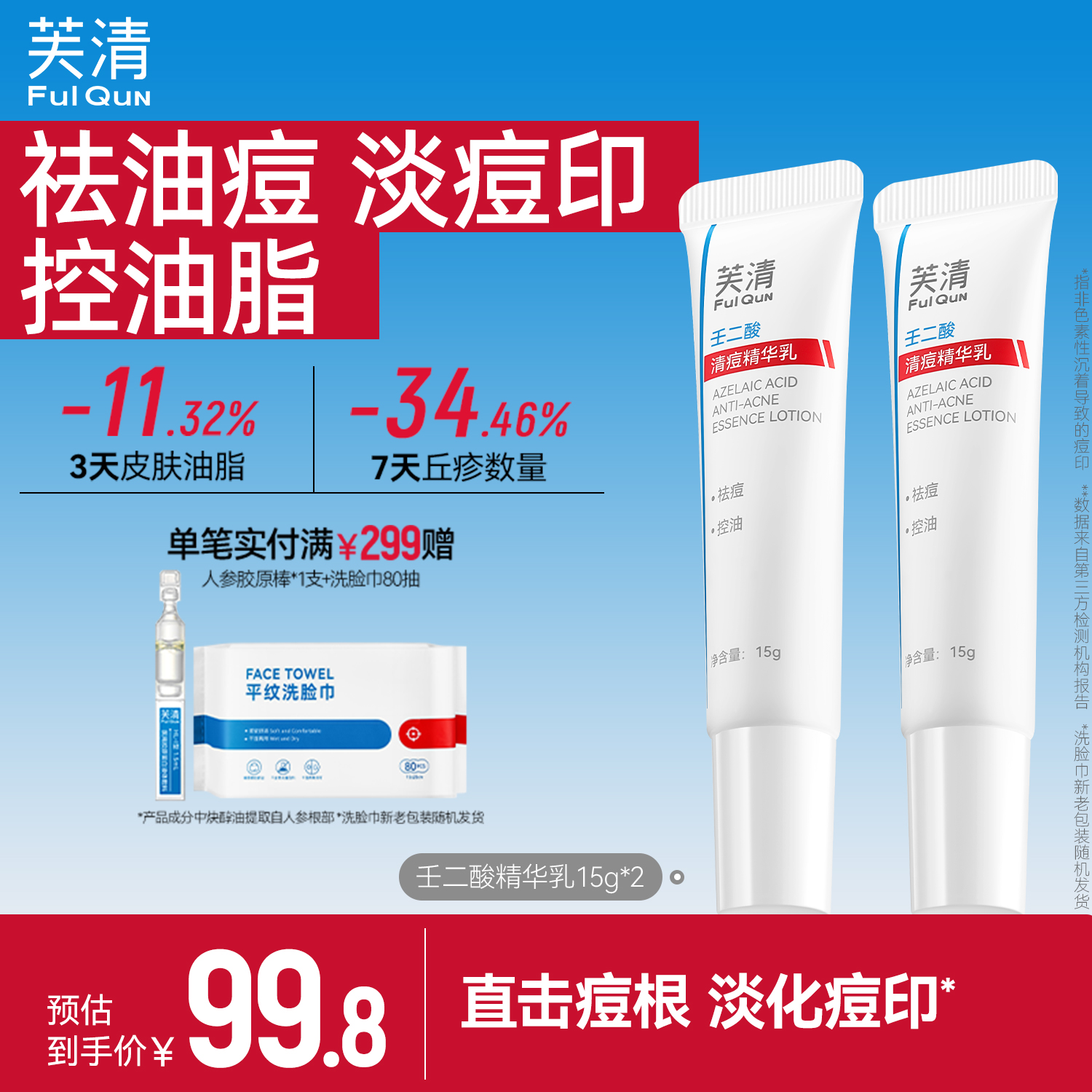 芙清20%壬二酸祛痘精华乳非水杨酸控油淡化祛痘印痘痘闭口粉刺