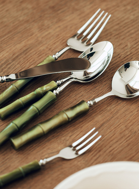 蓝莲花勺子不锈钢竹节西餐勺叉子刀饭勺餐具露丝可爱勺甜品勺汤勺