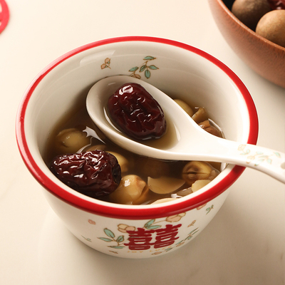 蓝莲花礼盒结婚喜字碗筷婚礼盘红碗新婚礼物餐具陪嫁套装红碗喜碗