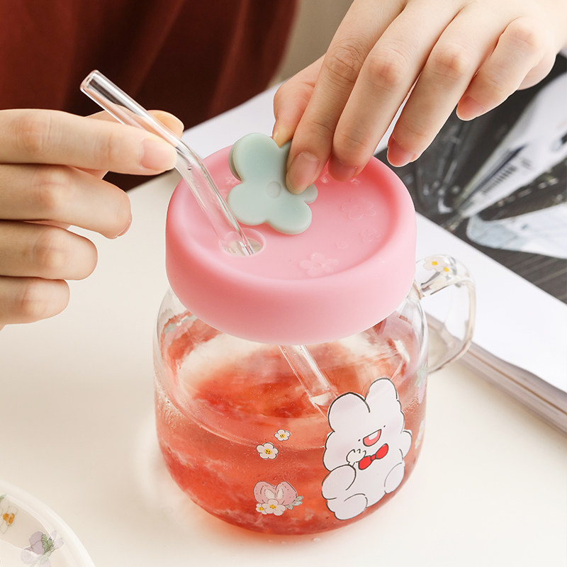 蓝莲花草莓儿童水杯女孩夏天家用设计感耐热高硼硅玻璃吸管杯带盖