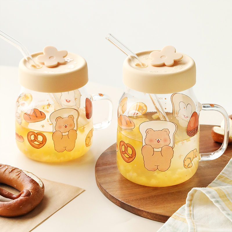 蓝莲花玻璃日系吸管杯