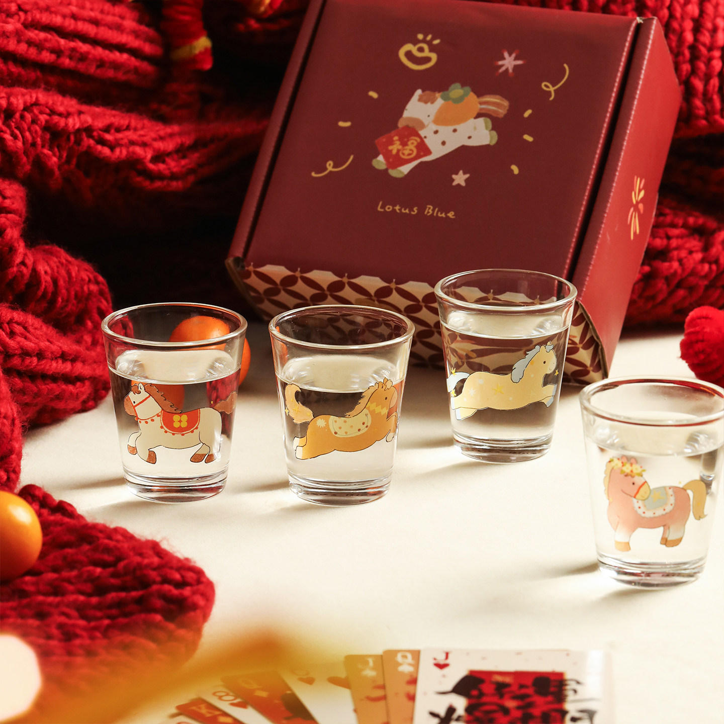 蓝莲花新年礼物伴手礼马年小酒杯小马白酒玻璃杯实用水杯礼盒礼品