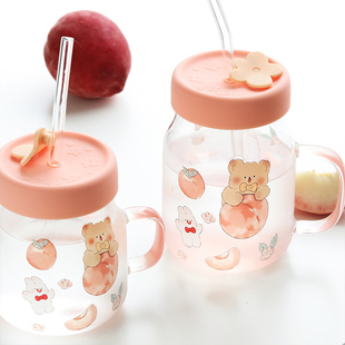 蓝莲茉茉兔玻璃吸管杯带盖爱杯子耐温带把大容量水杯玻璃杯