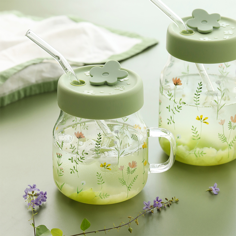 蓝莲花玻璃小清新吸管杯