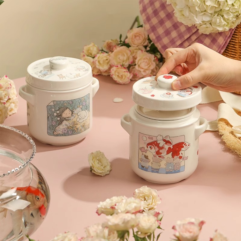 蓝莲花陶瓷可爱双盖蒸蛋碗