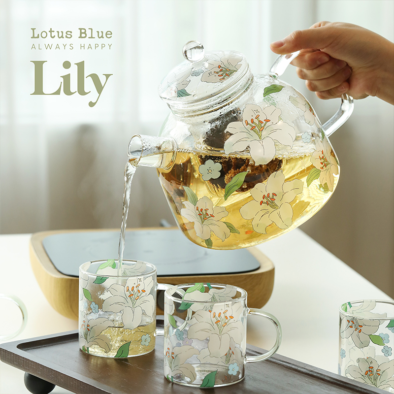 蓝莲花玻璃水具套装礼盒装家用泡茶壶茶杯组合高硼硅冷水壶凉水壶