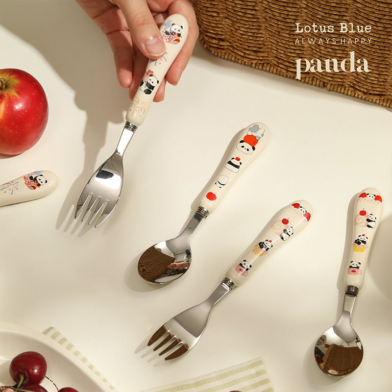 蓝莲花不锈钢叉勺陶瓷手柄