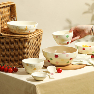蓝莲花波点餐具陶瓷碗碟碗盘家用高颜值儿童米饭碗吃饭碗汤碗菜盘