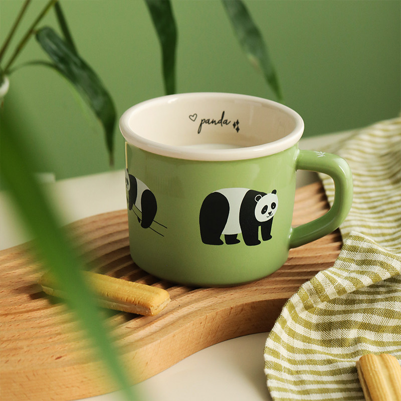 蓝莲花熊猫马克杯早餐杯垫套装陶瓷家用水杯高颜值燕麦杯子卡通