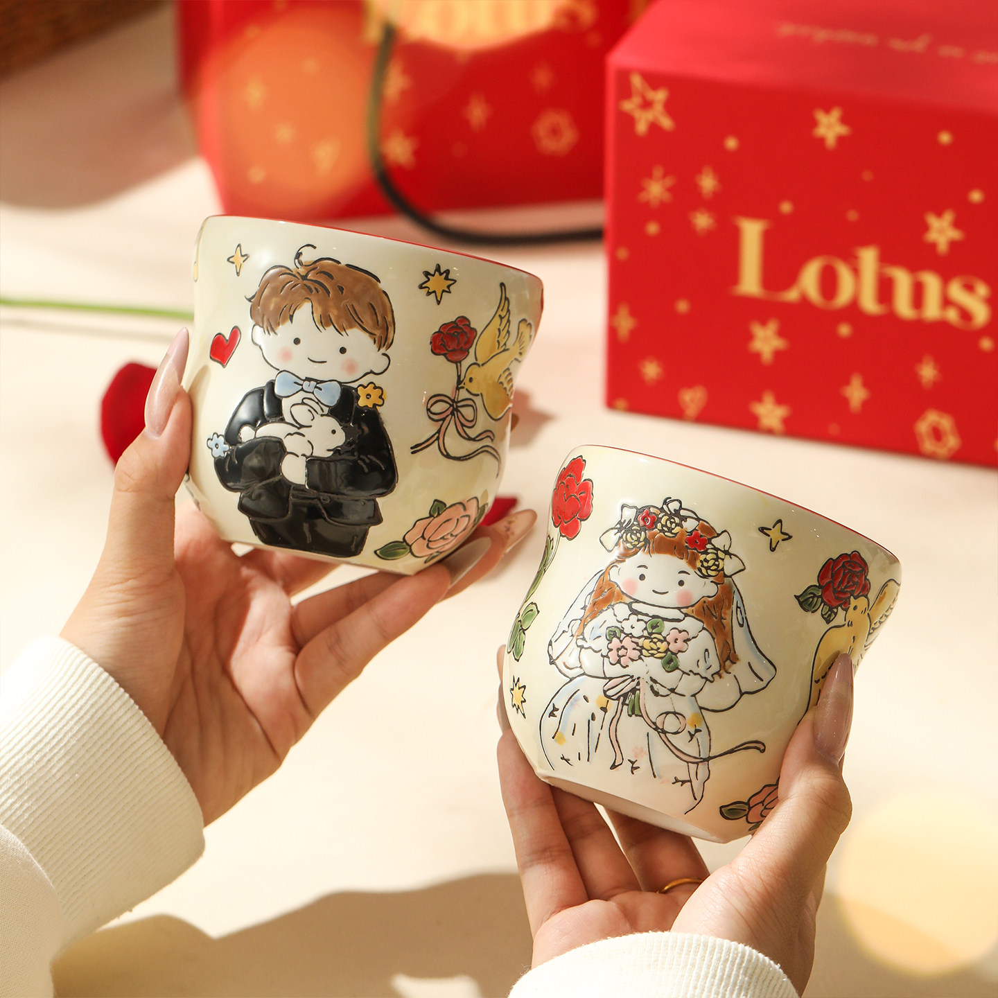 蓝莲花陶瓷水杯喜庆手绘对杯釉下彩杯子高级新婚结婚礼盒实用礼物,餐饮具,随手杯,淘宝优惠券,粉丝福利购,淘宝优惠卷