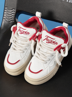 鮀品厚底板鞋女2025秋冬新款休闲小白鞋红色鞋子女鞋原创面包鞋