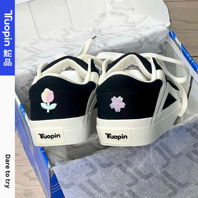 鮀品黑色帆布鞋子百搭运动板鞋女