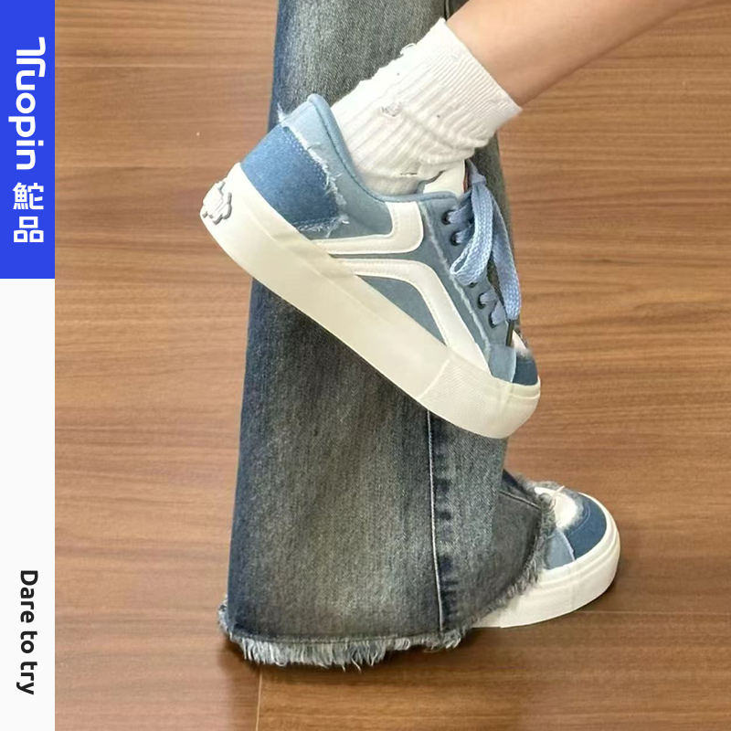 鮀品牛仔蓝板鞋女2025春夏新款休闲百搭厚底鞋子运动面包鞋小白鞋