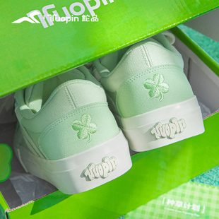 鮀品四叶草鞋子女2026秋百搭小众休闲帆布鞋原创厚底绿色板鞋女鞋