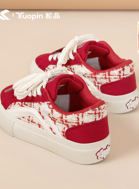 鮀品小香风红色板鞋女冬季新款棉鞋加绒厚底圣诞鞋百搭运动休闲鞋