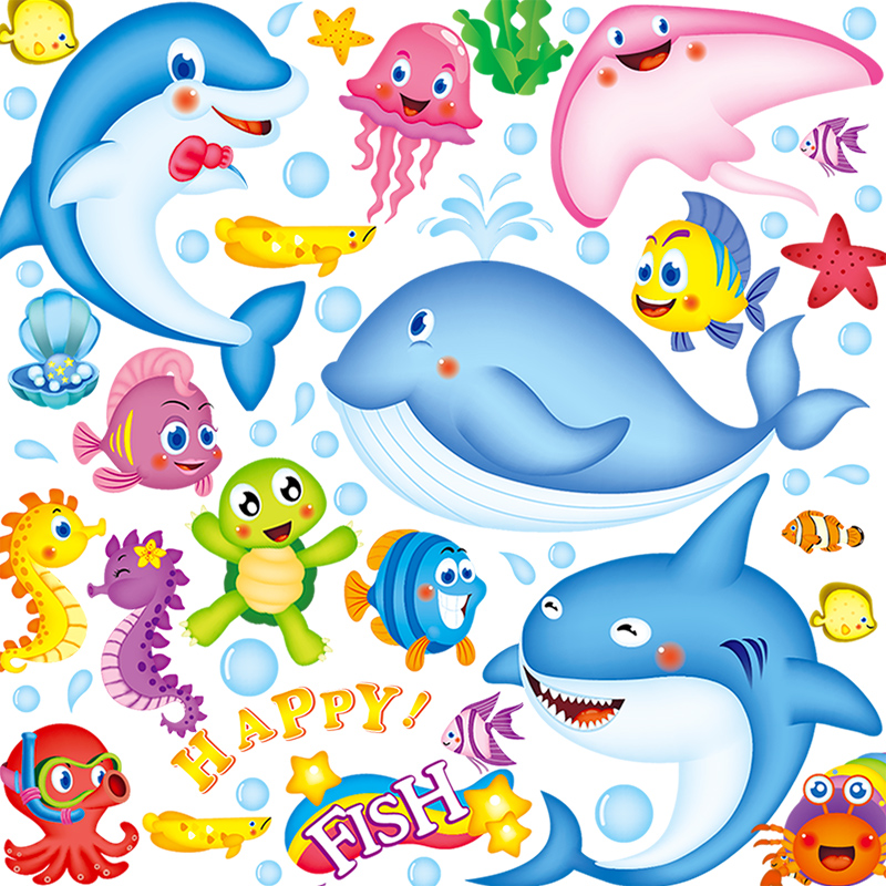卡通海洋贴纸卫生间装饰海豚贴画防水游泳馆儿童房可爱动漫简约图片
